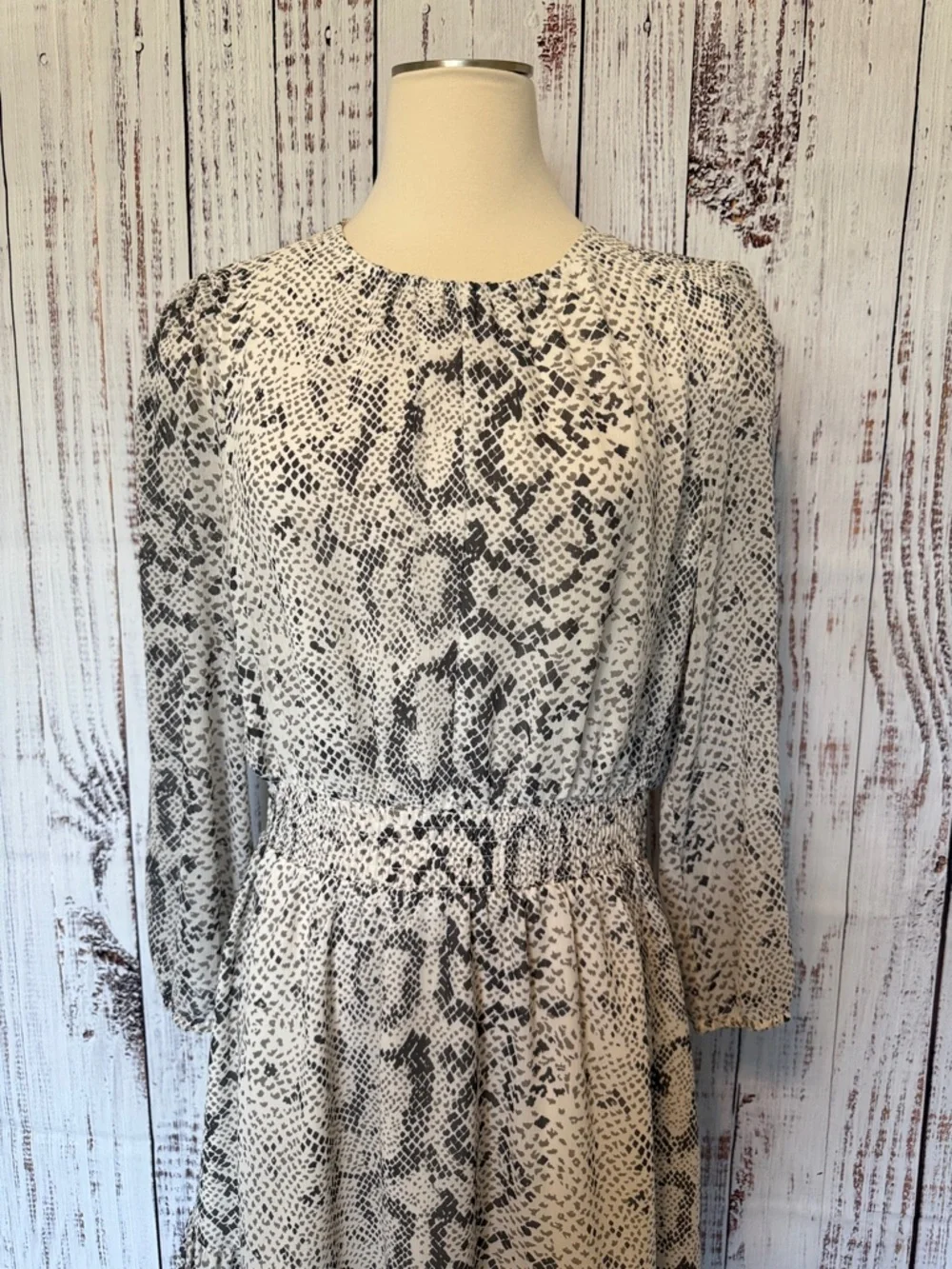 J. Crew Gray and White Snake-Print Long‎ Sleeve Dress